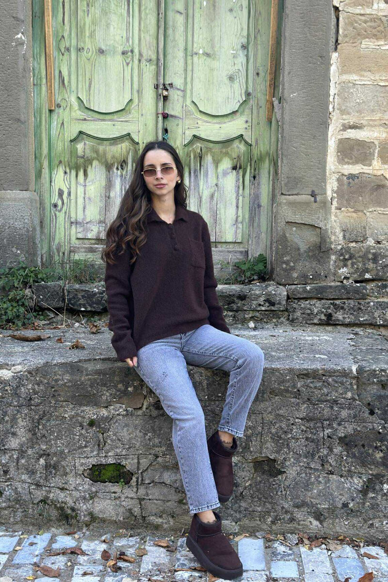 POLO NECK BUTTONS SINGLE POCKET WOMEN SWEATER DARK BROWN/KAE - 5