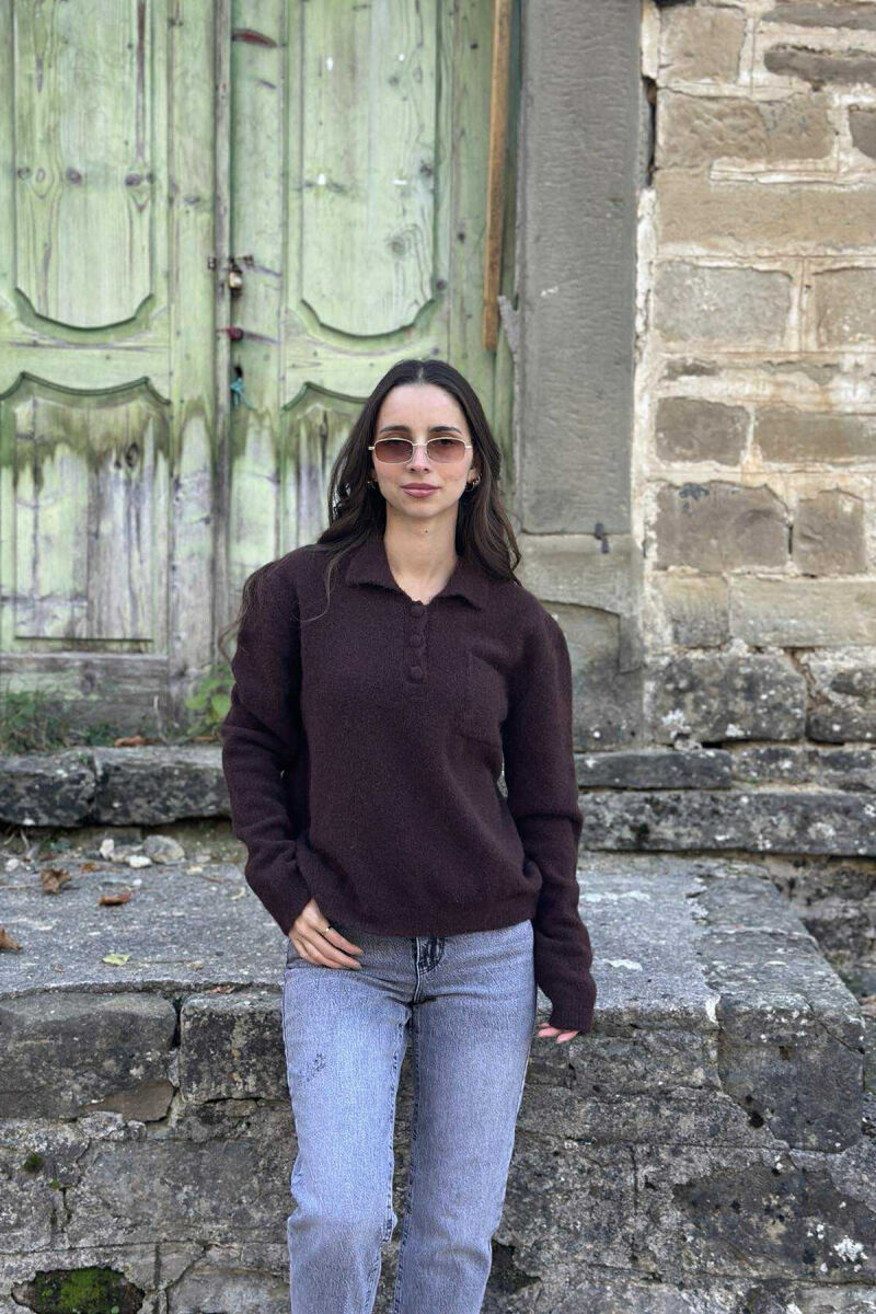 POLO NECK BUTTONS SINGLE POCKET WOMEN SWEATER DARK BROWN/KAE - 6