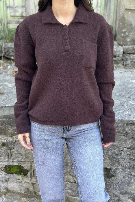POLO NECK BUTTONS SINGLE POCKET WOMEN SWEATER DARK BROWN/KAE - 8