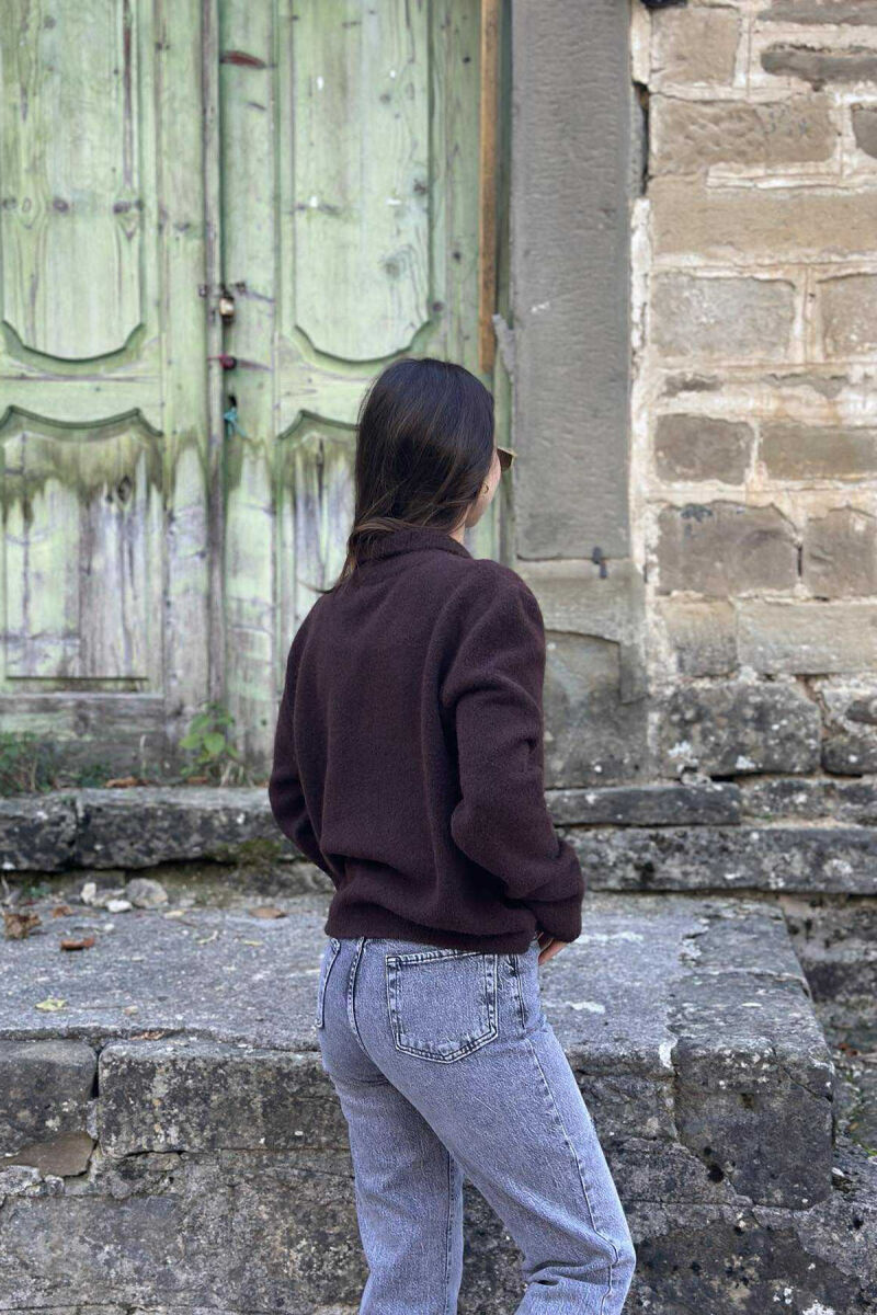 POLO NECK BUTTONS SINGLE POCKET WOMEN SWEATER DARK BROWN/KAE - 7