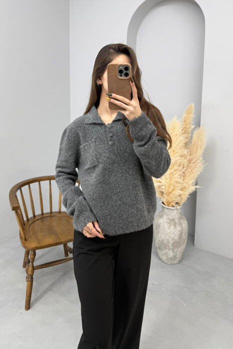 POLO NECK BUTTONS SINGLE POCKET WOMEN SWEATER GREY/GRI 