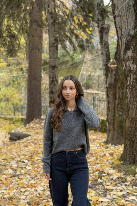 POLO NECK BUTTONS SINGLE POCKET WOMEN SWEATER GREY/GRI - 5