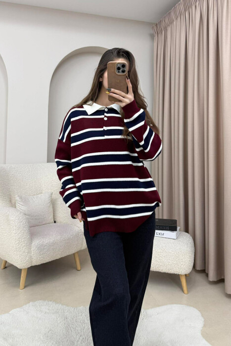 TRIKO ME JAKË POLO DHE VIJA PËR FEMRA NË NGJYRË VISHNJË ME BLU - KLAUDIO FASHION