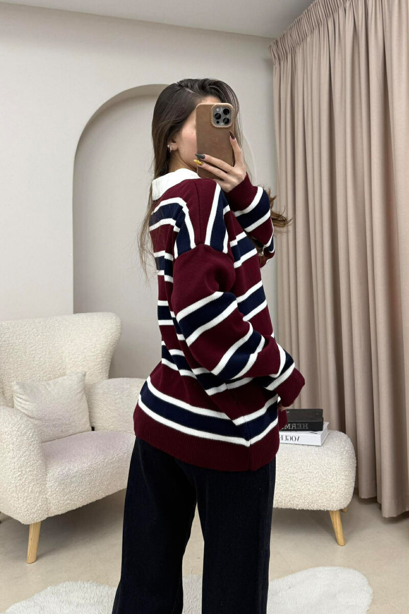 POLO NECK BUTTONS STRIPED WOMEN SWEATER BURGUNDY-BLUE/VISHNJE-BLU - 2