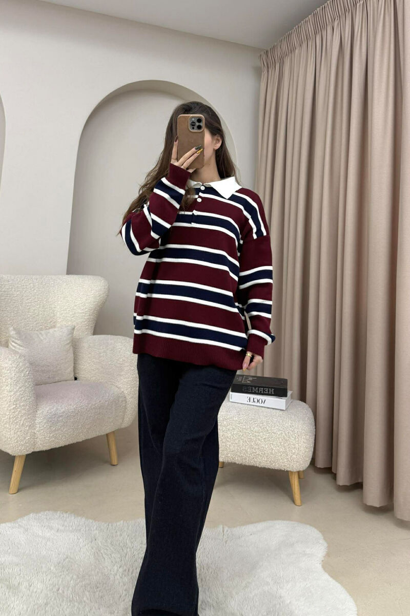 POLO NECK BUTTONS STRIPED WOMEN SWEATER BURGUNDY-BLUE/VISHNJE-BLU - 3
