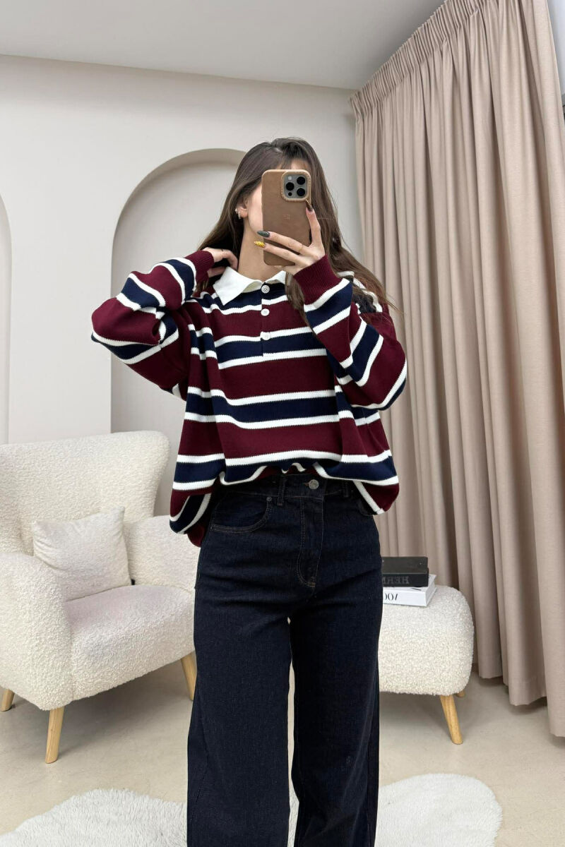 POLO NECK BUTTONS STRIPED WOMEN SWEATER BURGUNDY-BLUE/VISHNJE-BLU - 4