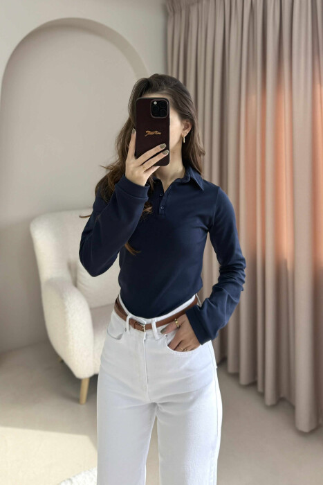 POLO NECK BUTTONS WOMEN SWEATSHIRT DARK BLUE/BEE - 2