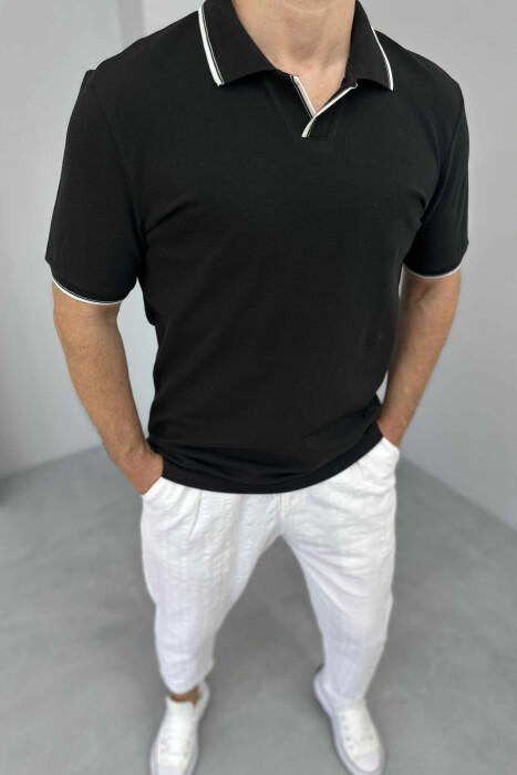 T-SHIRT NJË NGJYRËSH ME JAKË POLO PËR MESHKUJ NË NGJYRËN E ZEZË 