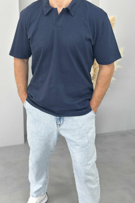 POLO NECK SIMPLE MEN T-SHIRT DARK BLUE/BEE - 2