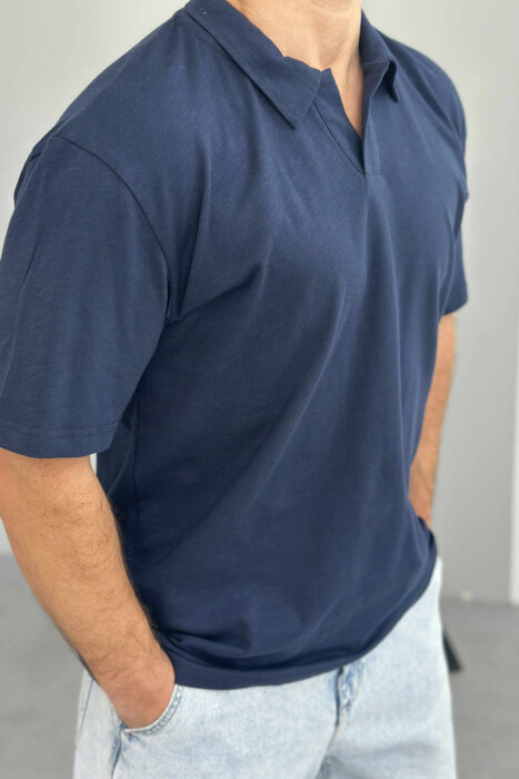 POLO NECK SIMPLE MEN T-SHIRT DARK BLUE/BEE - 4