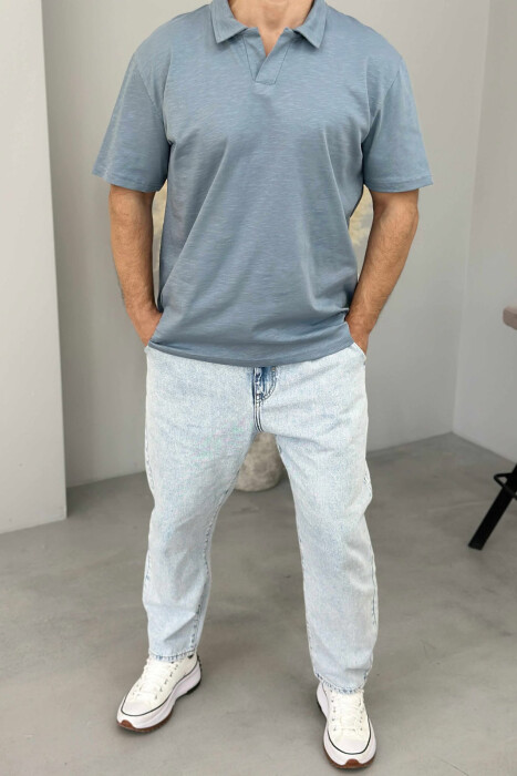 POLO NECK SIMPLE MEN T-SHIRT LIGHTBLUE/BZ - 2