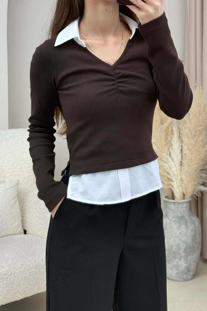 POLO NECK SIMPLE WOMEN SWEATSHIRT BROWN/KAFE - 3