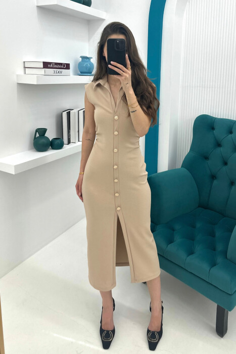 POLO NECK SLEEVELESS BUTTONED WOMEN DRESS BEIGE/BEZHE - 4