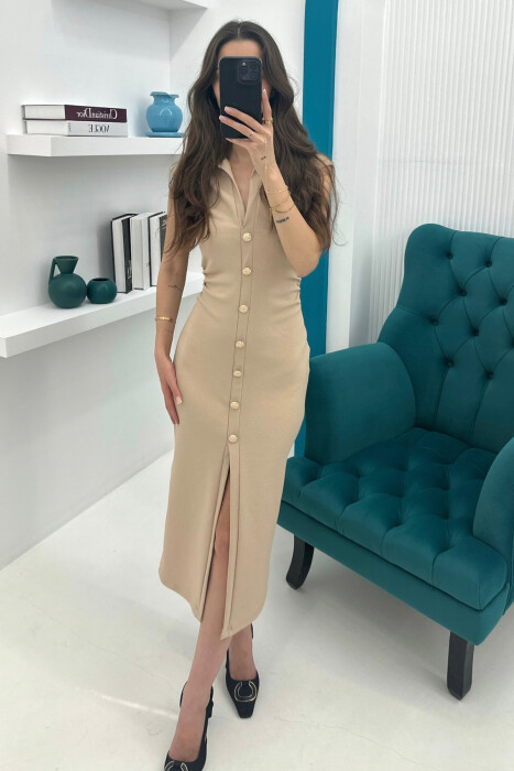 POLO NECK SLEEVELESS BUTTONED WOMEN DRESS BEIGE/BEZHE - 5