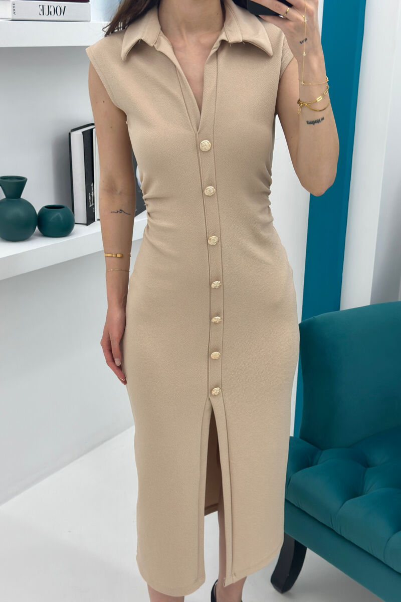 POLO NECK SLEEVELESS BUTTONED WOMEN DRESS BEIGE/BEZHE - 6