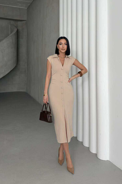 POLO NECK SLEEVELESS BUTTONED WOMEN DRESS BEIGE/BEZHE - 1