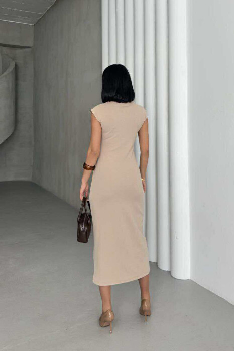 POLO NECK SLEEVELESS BUTTONED WOMEN DRESS BEIGE/BEZHE - 3