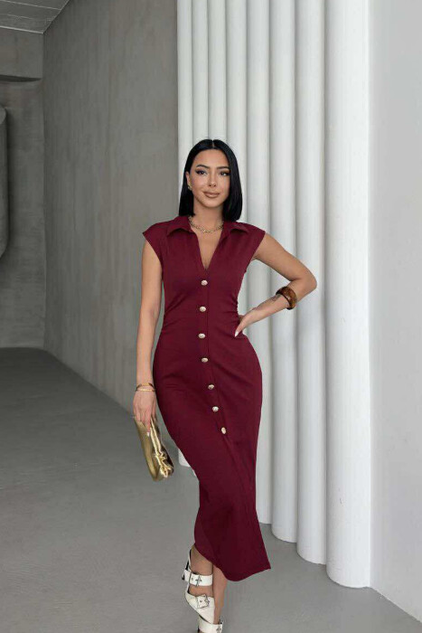 POLO NECK SLEEVELESS BUTTONED WOMEN DRESS BURGUNDY/VISHNJE - KLAUDIO FASHION