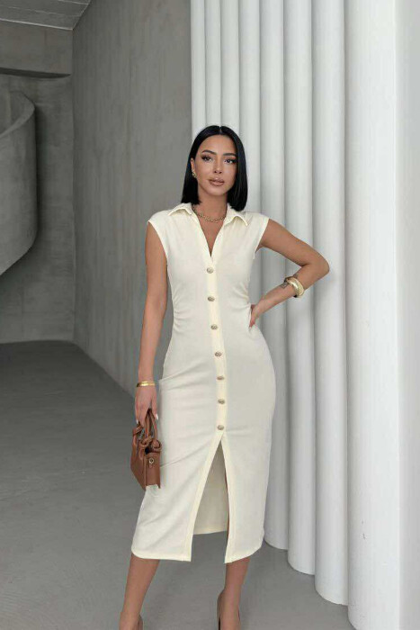 POLO NECK SLEEVELESS BUTTONED WOMEN DRESS CREAM/KREM - KLAUDIO FASHION