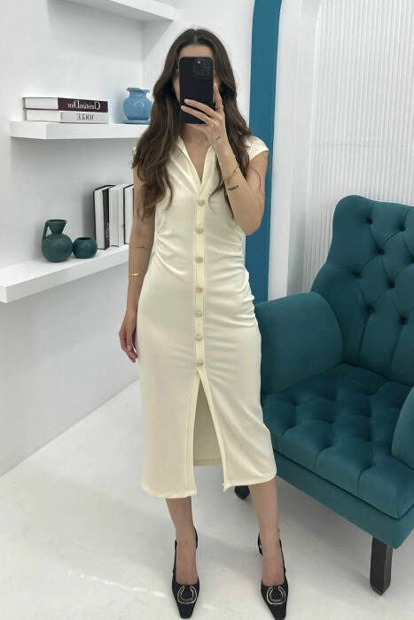 POLO NECK SLEEVELESS BUTTONED WOMEN DRESS CREAM/KREM - 4