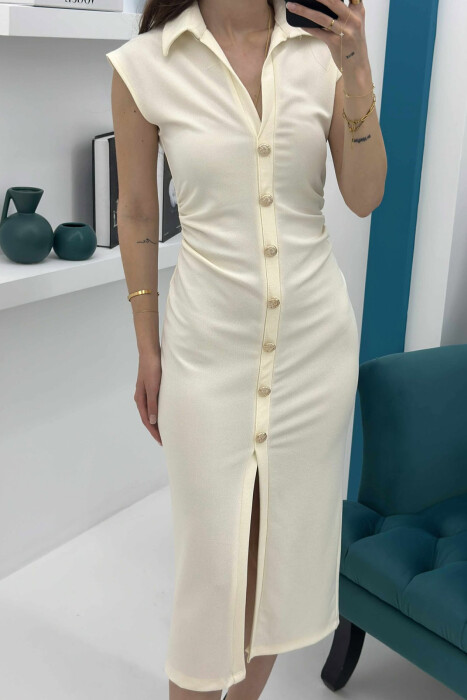 POLO NECK SLEEVELESS BUTTONED WOMEN DRESS CREAM/KREM - 5