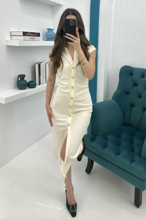 POLO NECK SLEEVELESS BUTTONED WOMEN DRESS CREAM/KREM - 7