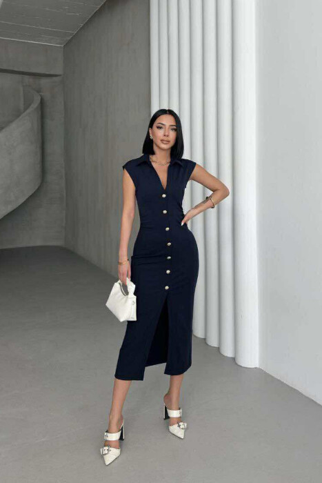 POLO NECK SLEEVELESS BUTTONED WOMEN DRESS DARK BLUE/BEE 