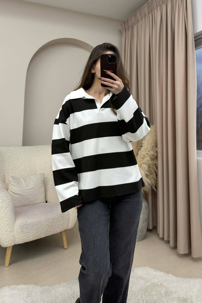 POLO NECK STRIPE DESIGN WOMEN SWEATSHIRT BLACK-WHITE/ZEBA - 1