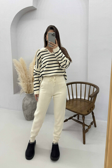 POLO NECK SWEATER+TROUSERS KNIT WOMEN SET CREAM+BLACK/KREM+ZEZE - 