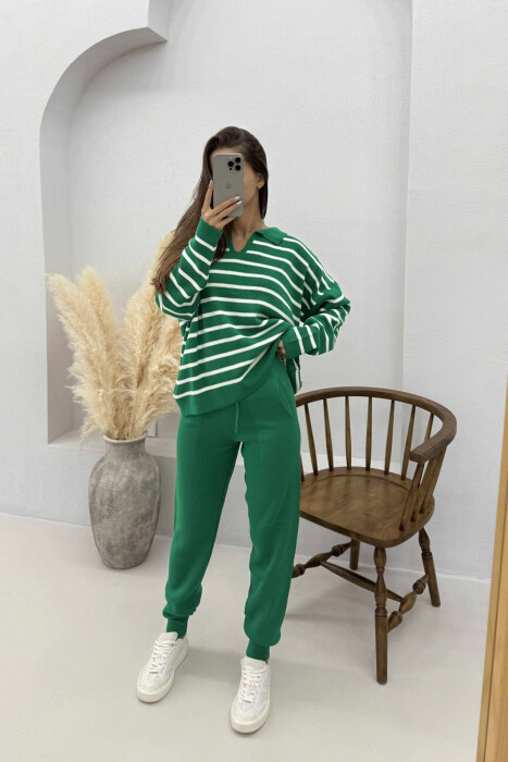 POLO NECK SWEATER+TROUSERS KNIT WOMEN SET GREEN/JESHILE - 2