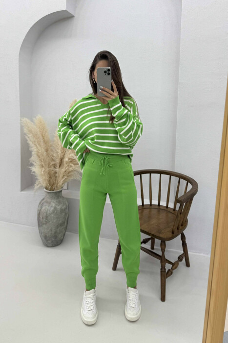 POLO NECK SWEATER+TROUSERS KNIT WOMEN SET LIGHT GREEN/JEZB - 1