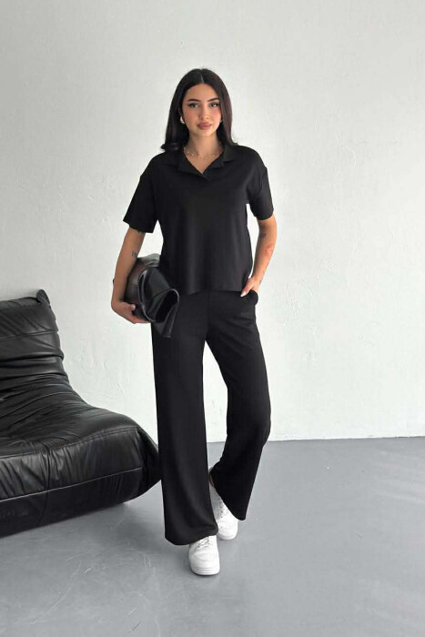 POLO NECK T-SHIRT + SWEATPANTS WOMAN SET BLACK/ E ZEZE - KLAUDIO FASHION