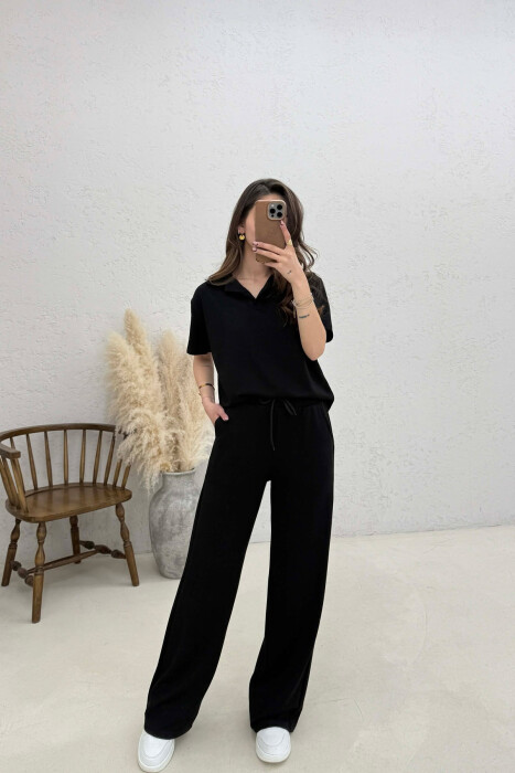 POLO NECK T-SHIRT + SWEATPANTS WOMAN SET BLACK/ E ZEZE - KLAUDIO FASHION