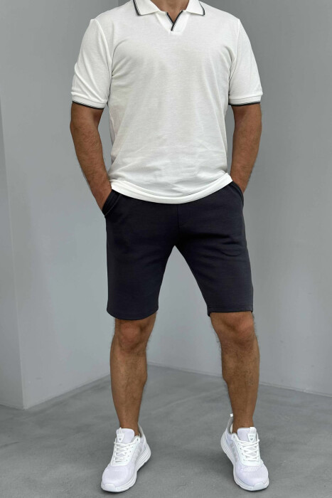 POLO NECK T-SHIRT+SHORTS SIMPLE MEN SET WHITE-DARK GREY/BAGE - KLAUDIO FASHION
