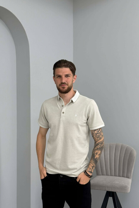 POLO NECK TEXTURED MEN T-SHIRT LIGHT GREY/GZ - KLAUDIO FASHION
