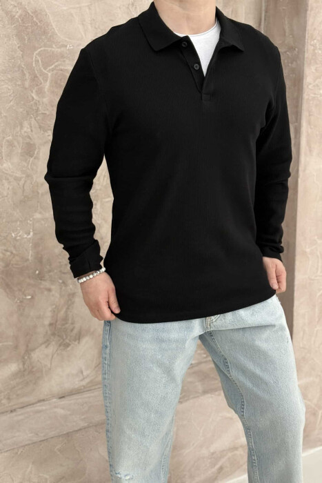POLO NECK TEXTURED ONE COLOR MEN SWEATSHIRT BLACK/ E ZEZE 