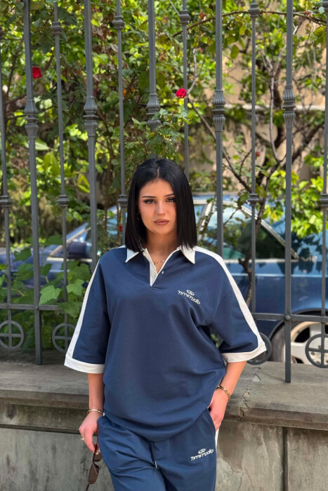 POLO NECK WRITTINGS T-SHIRT + SWEATPANTS WOMAN SET BLUE/BLU - 4