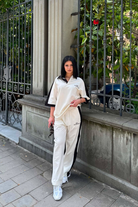 POLO NECK WRITTINGS T-SHIRT + SWEATPANTS WOMAN SET CREAM/KREM 