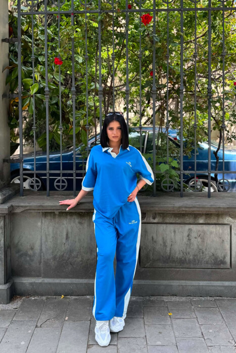 SET T-SHIRT ME JAKE POLO DHE SHKRIME + TUTA PER FEMRA NE NGJYRE BLU TE ZBARDHUR 