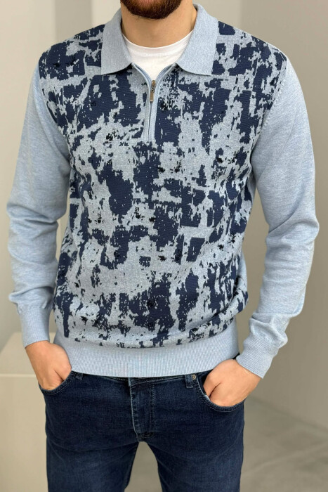 PULOVËR ME JAKË POLO DHE ME DETAJIN E ZINXHIRIT PËR MESHKUJ NË NGJYRËN BLU - KLAUDIO FASHION