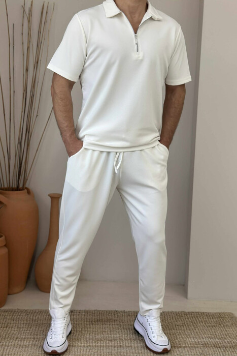 POLO NECK ZIPPERED T-SHIRT+SWEATPANTS MEN SET CREAM/KREM 