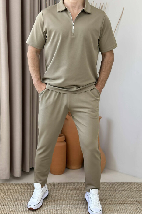 POLO NECK ZIPPERED T-SHIRT+SWEATPANTS MEN SET DARK BEIGE/BEZHE ERRET 