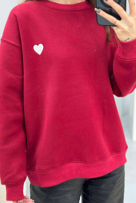ROUND NECK HEART DETAIL WOMEN SWEATSHIRT BURGUNDY/VISHNJE - 2