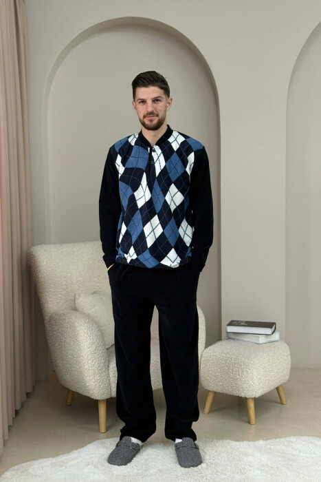 RHOMBUS DESIGN SWEATSHIRT+SWEATPANTS MEN PYJAMAS DARK BLUE/BEE - KLAUDIO FASHION