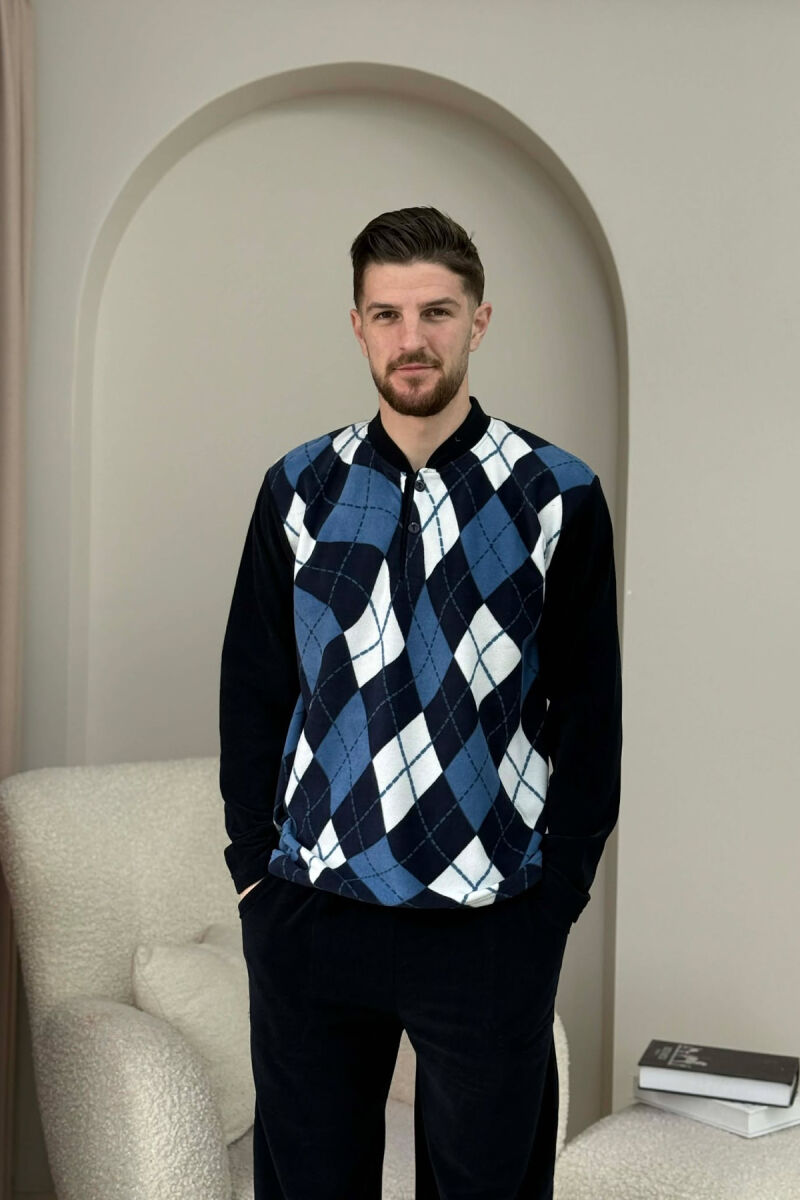 RHOMBUS DESIGN SWEATSHIRT+SWEATPANTS MEN PYJAMAS DARK BLUE/BEE - 2