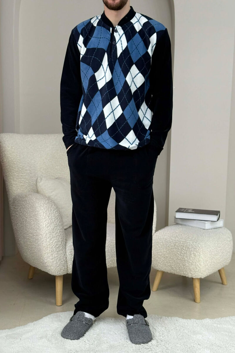 RHOMBUS DESIGN SWEATSHIRT+SWEATPANTS MEN PYJAMAS DARK BLUE/BEE - 4