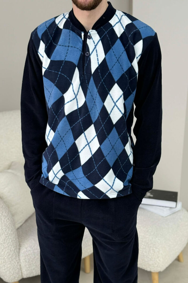 RHOMBUS DESIGN SWEATSHIRT+SWEATPANTS MEN PYJAMAS DARK BLUE/BEE - 5