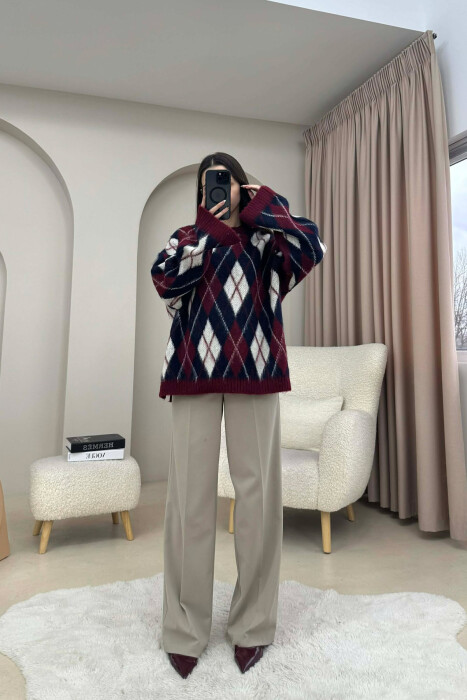 RHOMBUS STRIPE DESIGN WOMAN SWEATER BURGUNDY/VISHNJE - 2