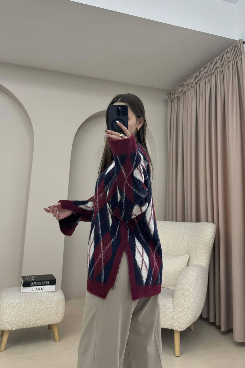 RHOMBUS STRIPE DESIGN WOMAN SWEATER BURGUNDY/VISHNJE - 3