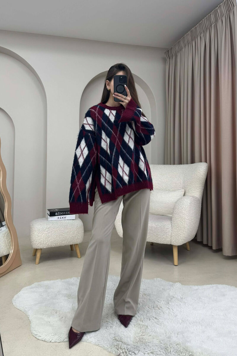 RHOMBUS STRIPE DESIGN WOMAN SWEATER BURGUNDY/VISHNJE - 4